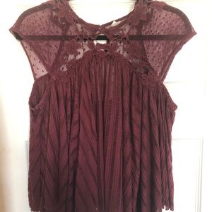 Free People Sheer Blouse W/ Floral Mesh Neck